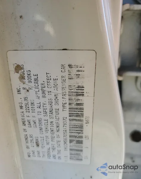 2005 Honda Accord Ex z USA, uszkodzony, nr VIN 1HGCM56705A179372